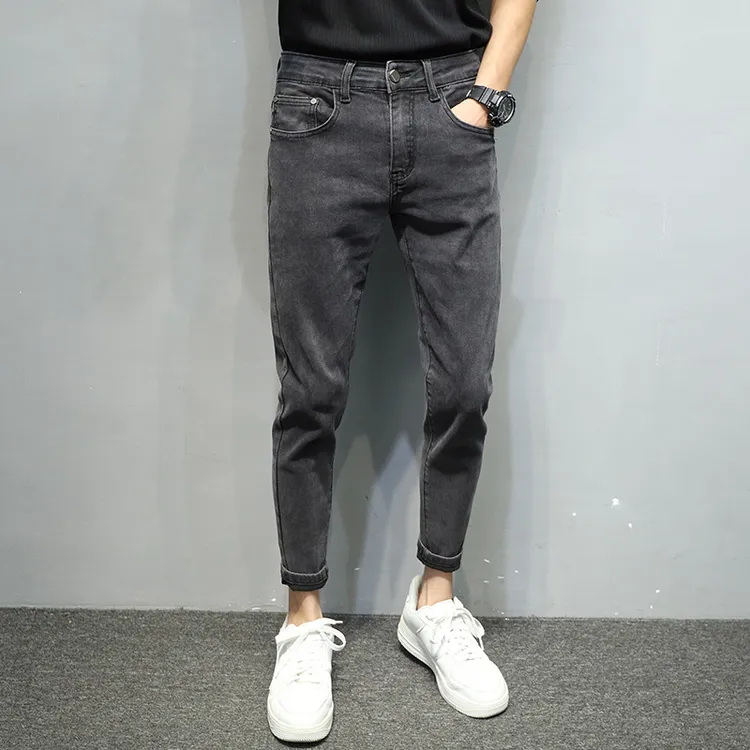 黑灰做旧牛仔裤男款修身小脚2025秋冬韩版简约百搭高端九分裤爆款