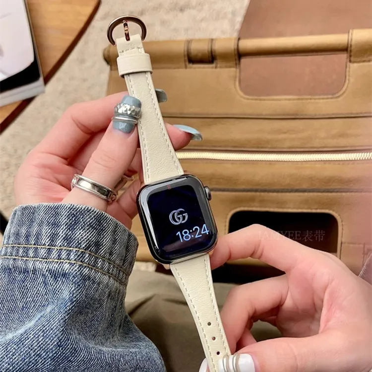 适用iwatch10手表带ultraS9牛皮小蛮腰876se45mm女款卡扣表带