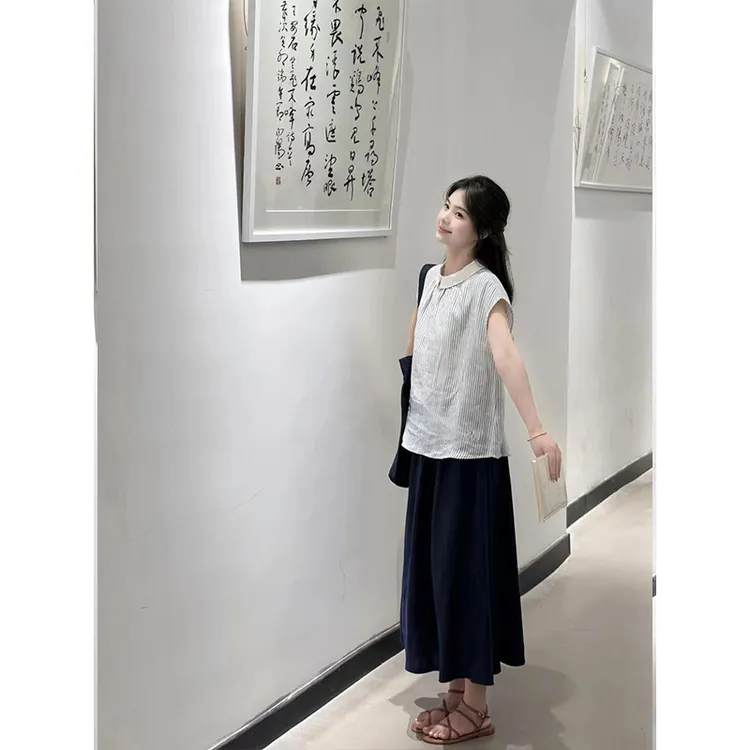 高级感设计时尚拼接条纹衬衫上衣2024夏季新款高腰休闲洋气半身裙