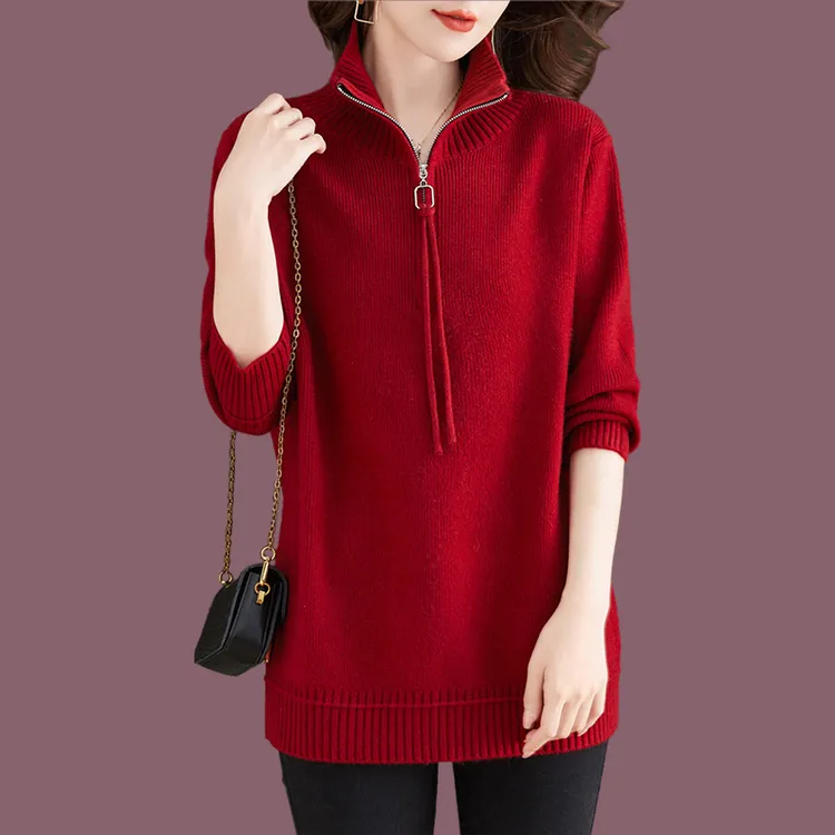 高端气质翻领半拉链毛衣女套头中长款秋冬新款宽松加厚针织打底衫