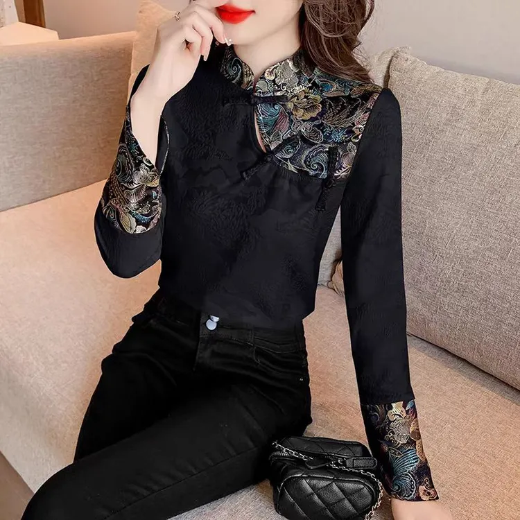 2025打底T恤新款秋冬复古老花拼接工艺国风女装韩系宽松显瘦上衣