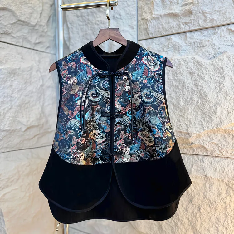 2025黑色轻奢国风重工刺绣提花马甲柔软舒适百搭复古国潮