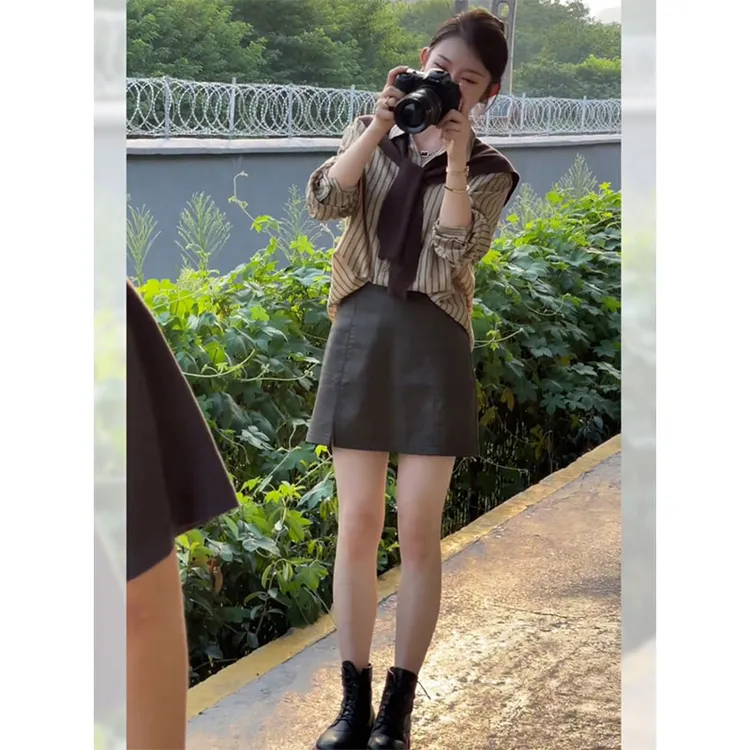 港风复古假两件披肩条纹衬衫女款外穿春秋季时尚衬衣外套秋款女装