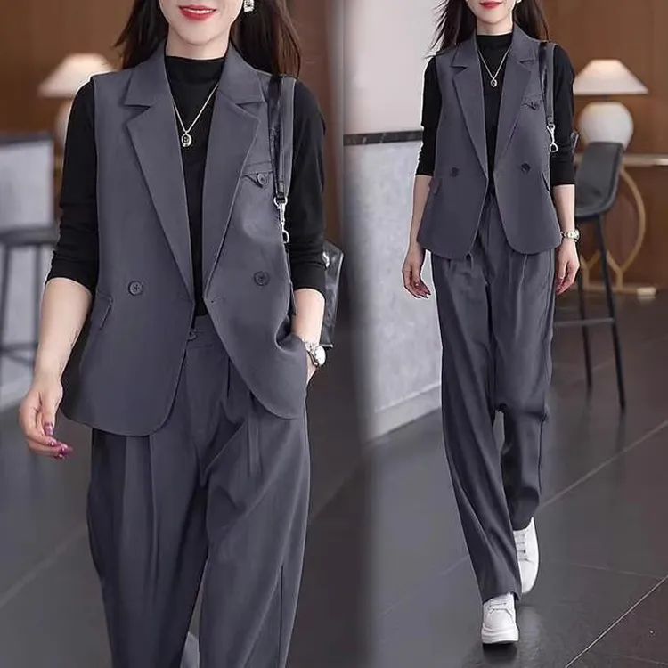 时尚套装女2025春秋季新款设计感西装马甲打底衫阔腿裤气质三件套
