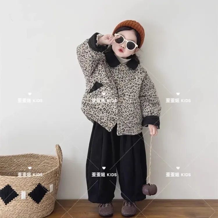 女童复古翻领豹纹棉服外套冬季裤子2024新款儿童宝宝保暖加厚棉袄