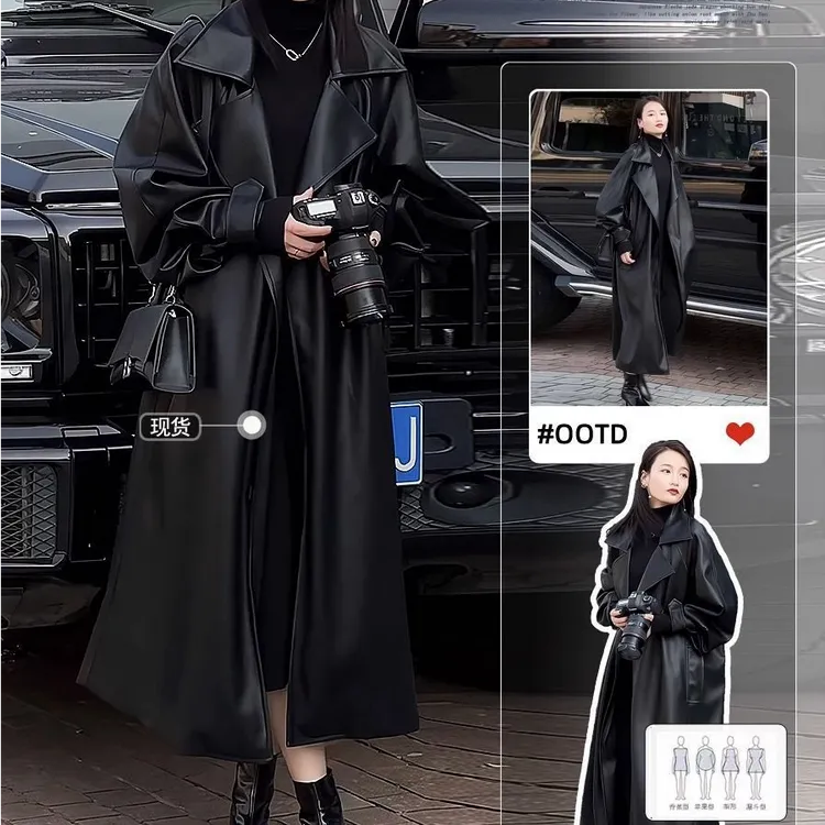 2025秋冬大码女装长款皮衣外套女时尚宽松显瘦大版风衣高级感大衣