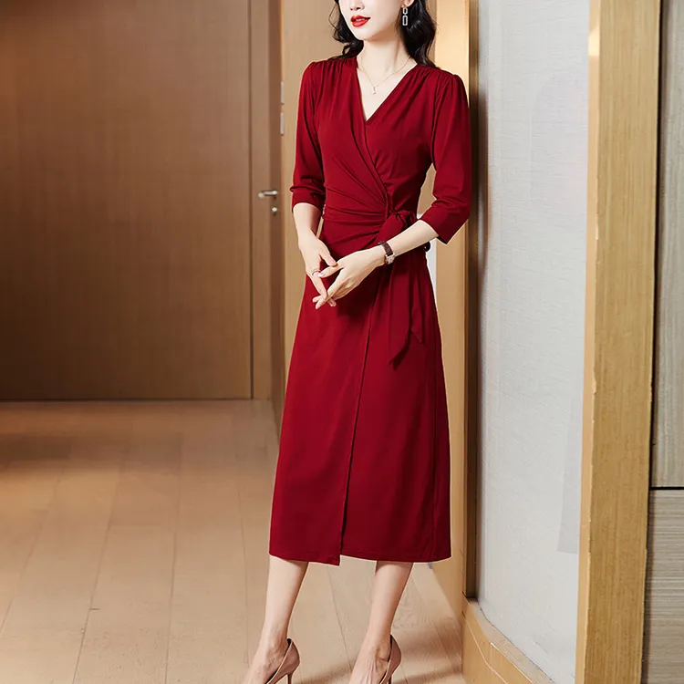 【主播推荐】名媛优雅时尚气质连衣裙收腰显瘦红色宴会度假中长裙