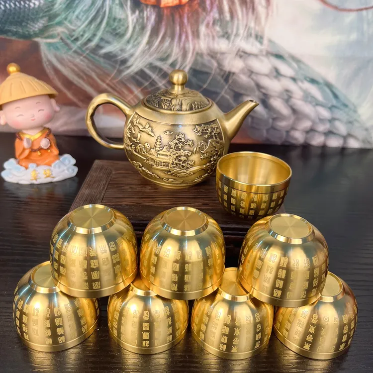 【送8个百福茶杯】黄铜山水茶壶高档复古创意工艺品摆件礼品手提