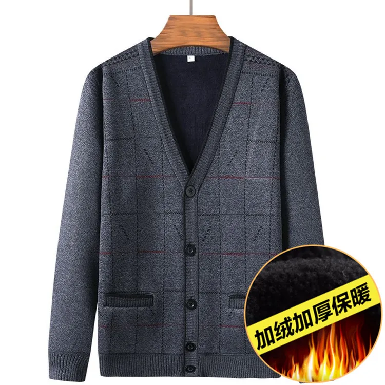 爸爸开衫毛衣男士针织衫加绒加厚款中老年人男装爷爷外套春秋冬季