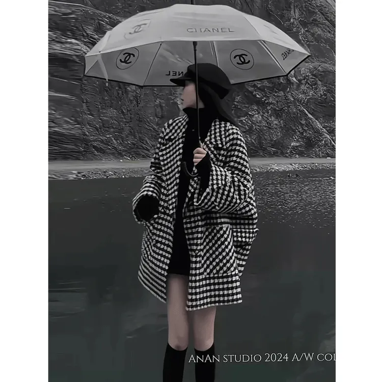 高级感小香风千鸟格翻领毛呢外套女秋冬季今年流行超好看呢子大衣