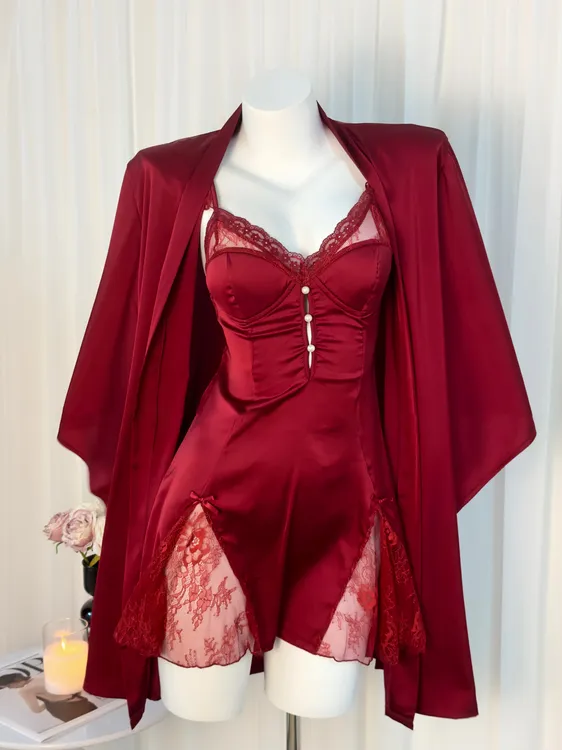 【烈艳Rose】2024新款法式睡衣套装带胸垫小胸性感辣妹缎面睡裙外袍