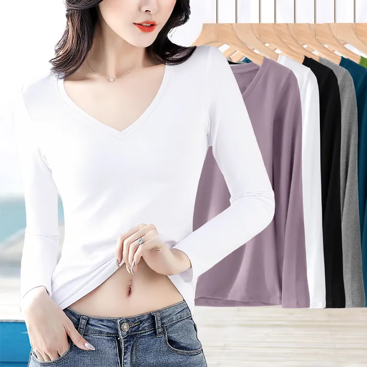 白色棉质V领长袖t恤秋季薄款女正肩修身显瘦内搭鸡心领打底衫#720