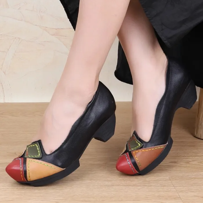 相伴【鸿运当头】单鞋妈妈鞋浅口女士粗跟尖头中高跟舒适女鞋933K3