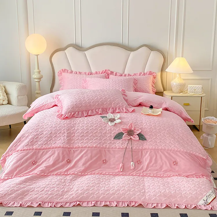 送礼【正品】夹棉加厚双面婴儿绒四件套床盖款四件套公主风水晶绒