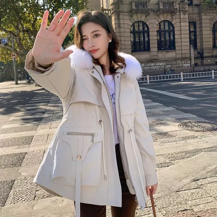 (万人迷)女款派克服时尚休闲连帽加厚保暖收腰宽松女士韩版潮流F