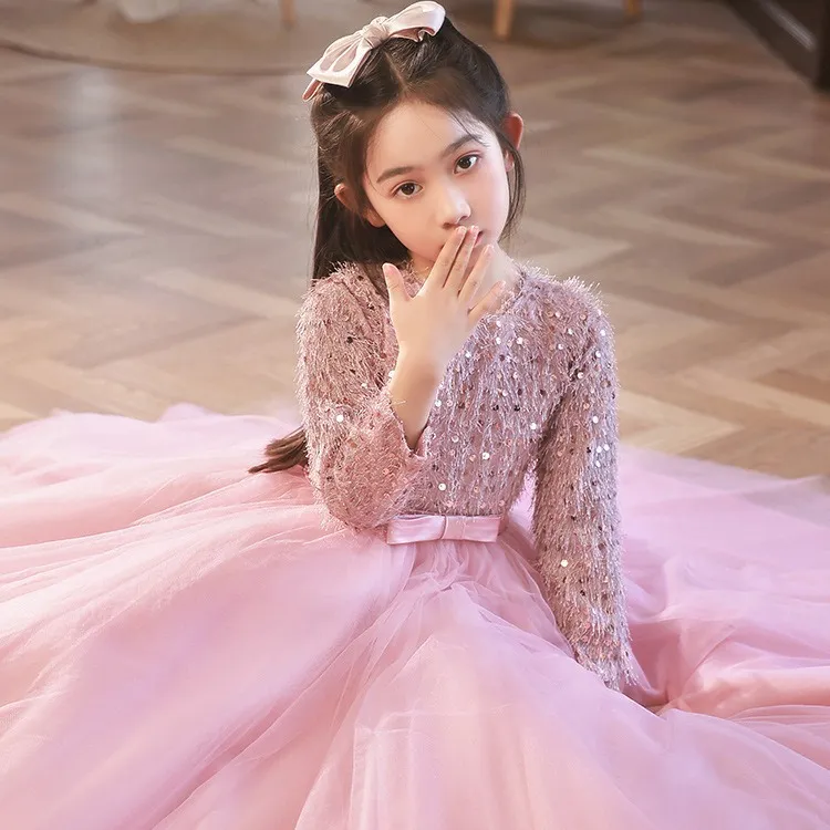 秋冬礼服公主裙花童生日女童长袖小主持人钢琴演奏高端秋粉色演出