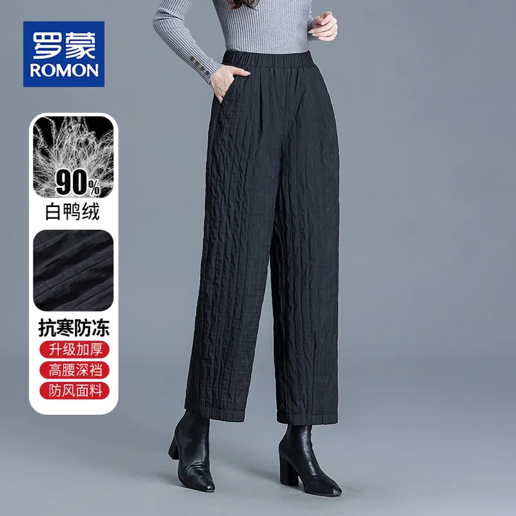 罗蒙妈妈秋冬阔腿羽绒裤新款中年高腰棉裤中老年女士防冻白鸭绒裤