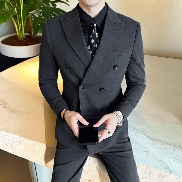 戗驳领双排扣西服套装男秋冬韩版英伦修身小西装男士商务休闲新郎