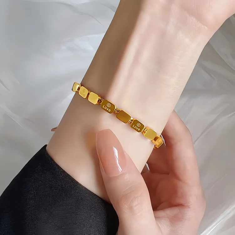 钛钢手链 简约时尚love方块蛇骨手链金色轻奢个性百搭不掉色手饰