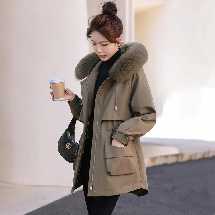 派克棉服女中长款冬季新款宽松收腰棉衣显瘦毛领加绒加厚连帽外套