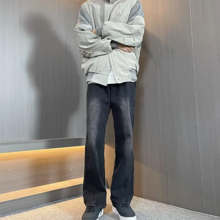 黑色牛仔裤男女显高宽松潮流四季百搭显瘦直筒微喇裤男牛仔裤做旧