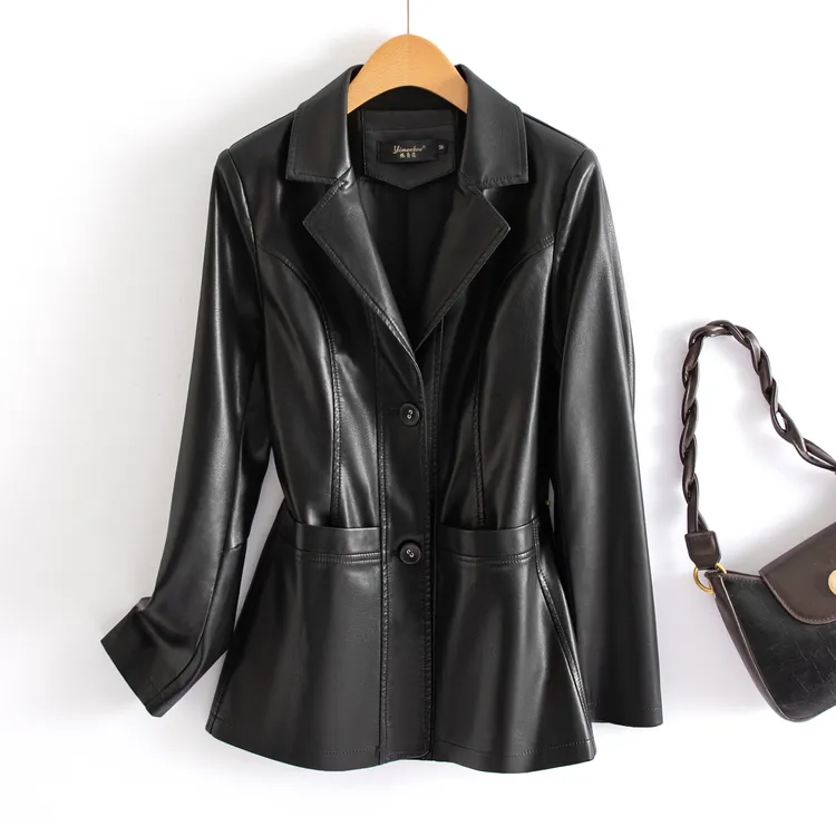 810t海宁真皮皮衣女短款皮夹克西服领修身皮衣外套女