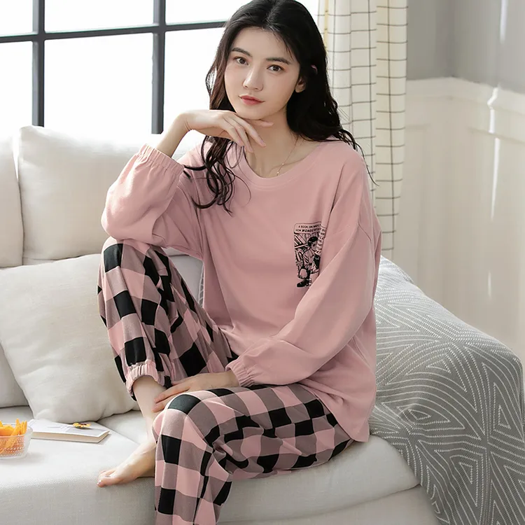 100%纯棉长袖加厚睡衣女春秋季大码休闲外穿韩版家居服套装秋冬季