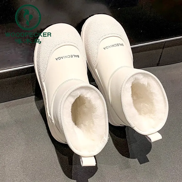 啄木鸟雪地靴女款2025款冬季加绒加厚外穿皮面防水防滑东北大棉鞋