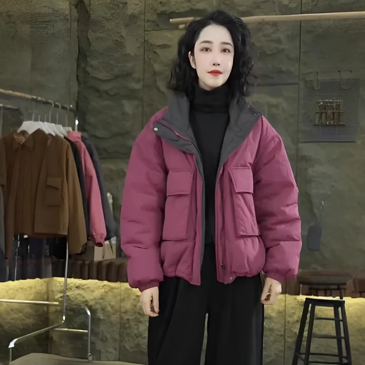 秋冬新款短款复古撞色夹棉棉衣宽松纯色棉衣外套