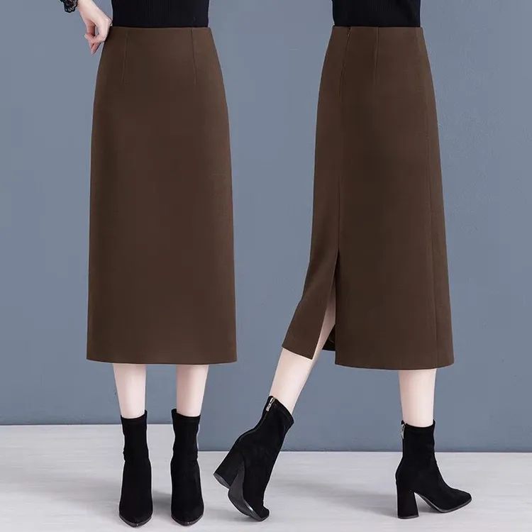毛呢半身裙女2025秋冬新款中长款高腰显瘦开叉加厚直筒包臀一步裙