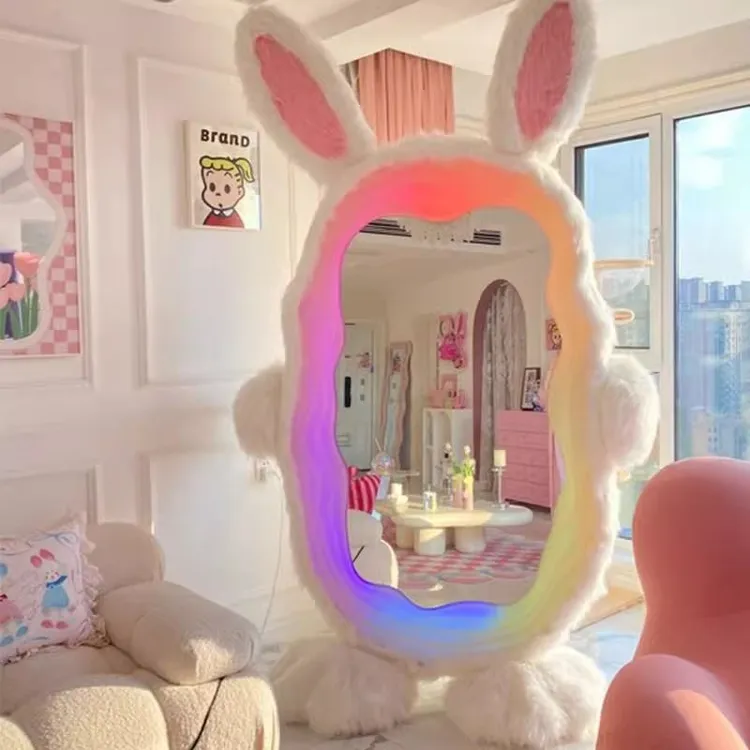 网红兔子全身落地镜家用波浪客厅卡通灯试衣镜可爱兔兔穿衣镜