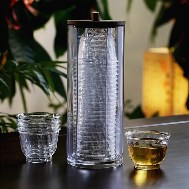 淳意耐热一次性功夫茶杯斜纹杯带收纳杯架家用招待办公高档品茶杯