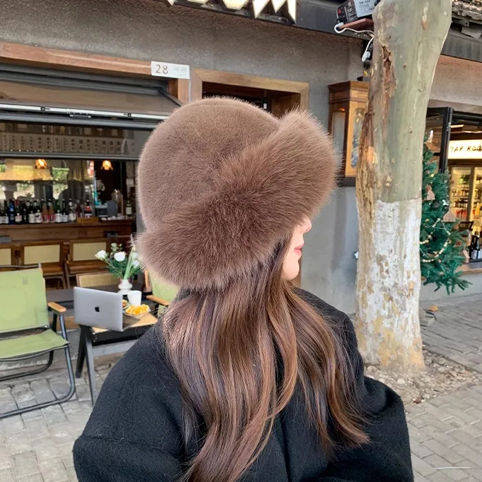 毛绒蒙古帽子女士秋冬季时尚防寒保暖东北盆帽皮毛一体护耳帽百搭