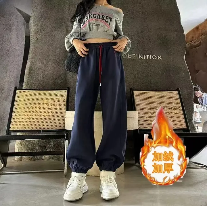 加绒加厚高腰显瘦刺绣小马束脚裤女时尚百搭宽松卫裤小个子休闲裤