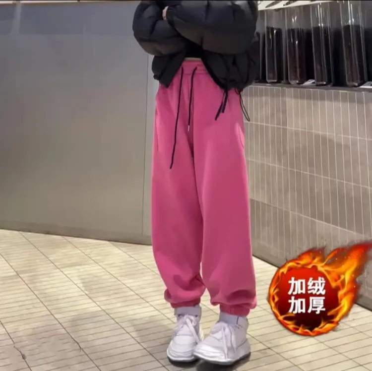 冬季加绒韩版高腰显瘦小马刺绣休闲裤百搭运动裤女宽松束脚卫裤子