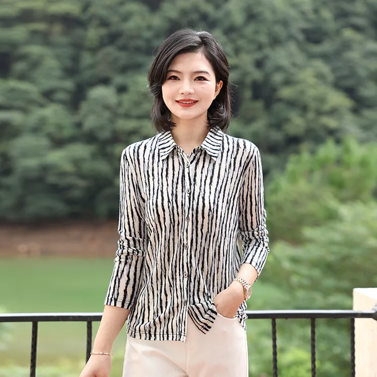 枫竺高端女装阿楠anan 100绵羊毛弹力针织条纹单排扣翻领衬衫女秋
