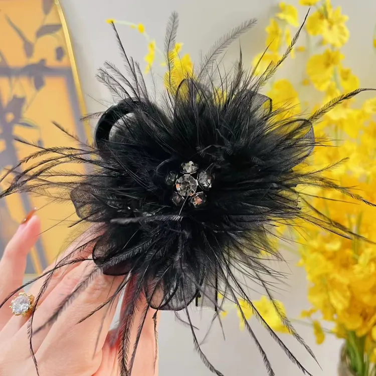 黑天鹅抓夹秋冬氛围感黑羽毛发夹优雅气质黑色手工发夹毛毛抓夹