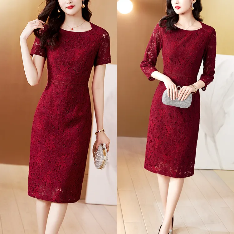酒红蕾丝连衣裙女2025夏季新款洋气结婚衣服妈妈装婚礼宴会礼服裙