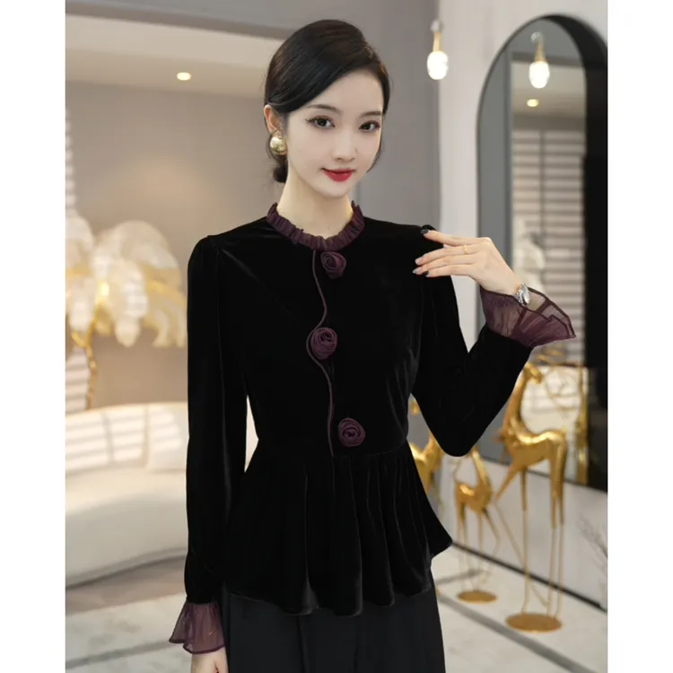 2025现货秋冬新款【ZM24-Q628】时尚气质显瘦黑色丝绒花朵长袖上衣