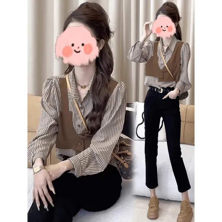 休闲条纹衬衫女2025秋季洋气显瘦小个子2025炸街衣服潮牌上衣