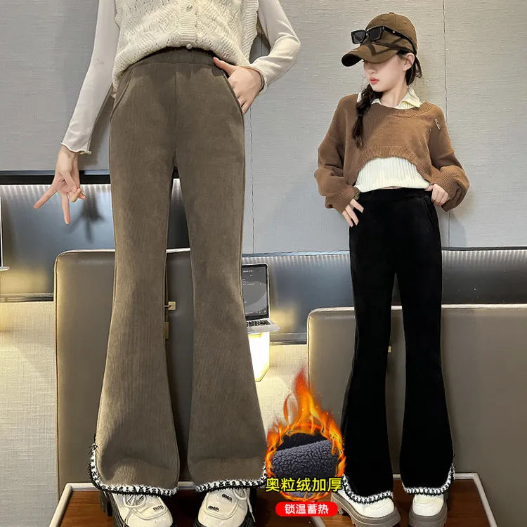 女童喇叭裤秋冬款外穿女大童加绒加厚冬天一体绒冬装休闲儿童裤子