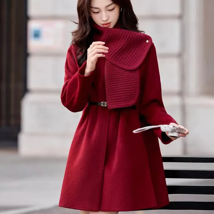 新年款红色时尚冬季中长款可拆卸围脖毛呢大衣显瘦百搭气质外套女