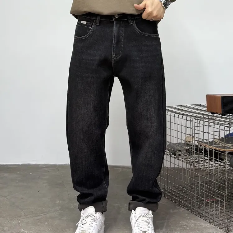美式复古水洗做旧加绒合身显瘦牛仔裤男秋冬保暖潮流长裤