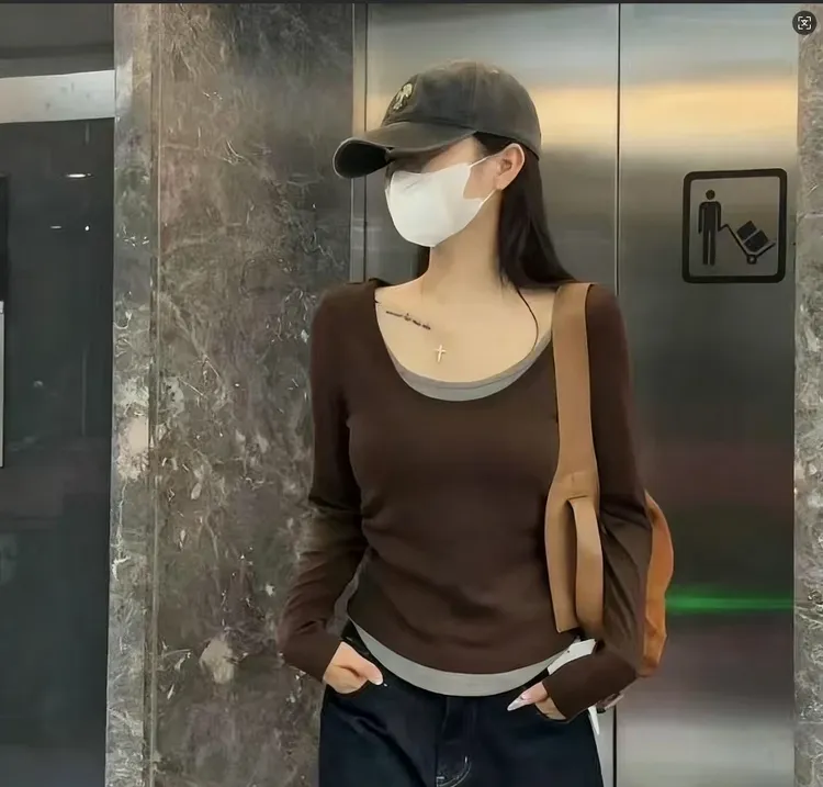 【丹枫迎秋】韩版气质撞色假两件修身显瘦洋气百搭简约款打底衫上衣