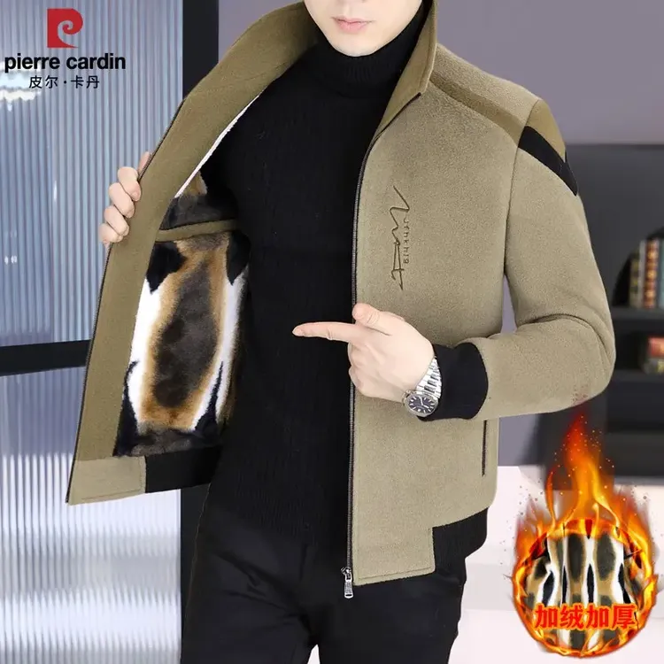 【羊毛面料】皮尔卡丹毛呢男短款立领拼接拉链外套休闲加绒加厚呢子