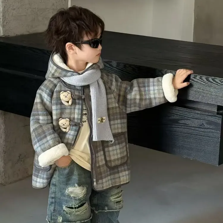 儿童小童毛呢大衣加绒加厚一体毛