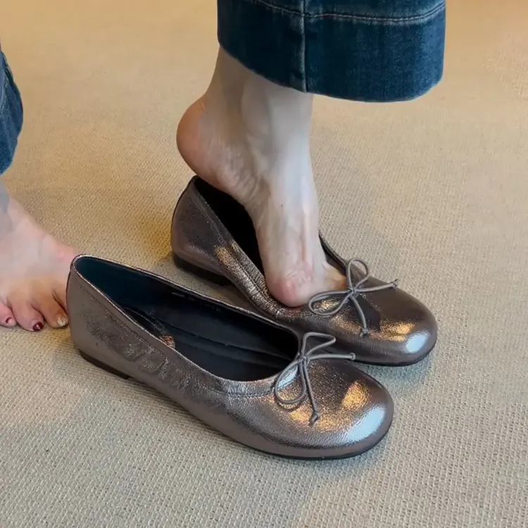 羊皮版~轻奢圆头蝴蝶结通勤平底鞋女浅口百搭一脚蹬法式芭蕾舞鞋