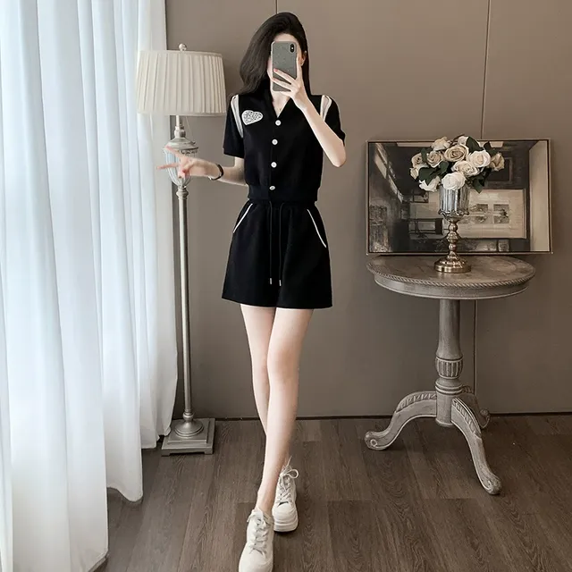 2025夏季新款超显瘦黑色时尚休闲运动套装女气质减龄高级感两件套