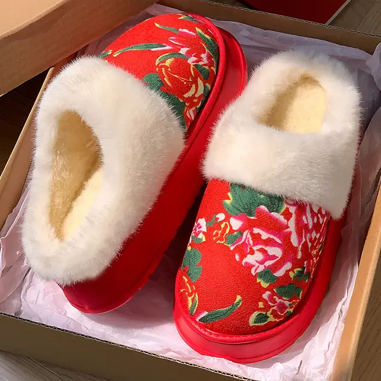 东北大花棉拖鞋女款冬季室内居家红色喜庆情侣鸳鸯色毛毛拖鞋男士