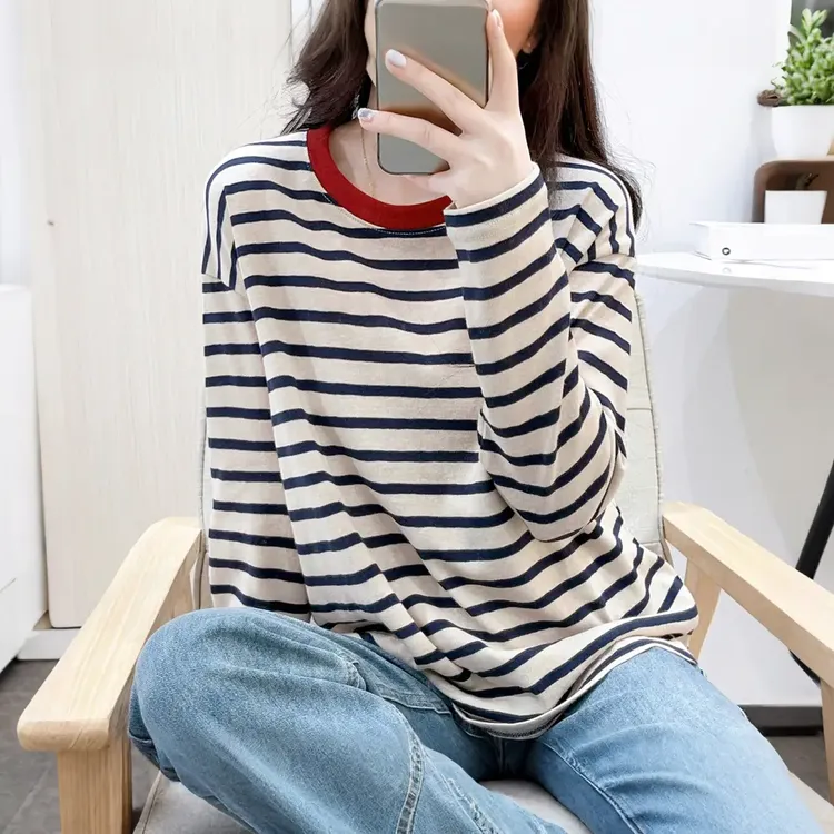 韩版撞色圆领条纹T恤女秋季棉慵懒松弛外穿宽松百搭显瘦长袖上衣